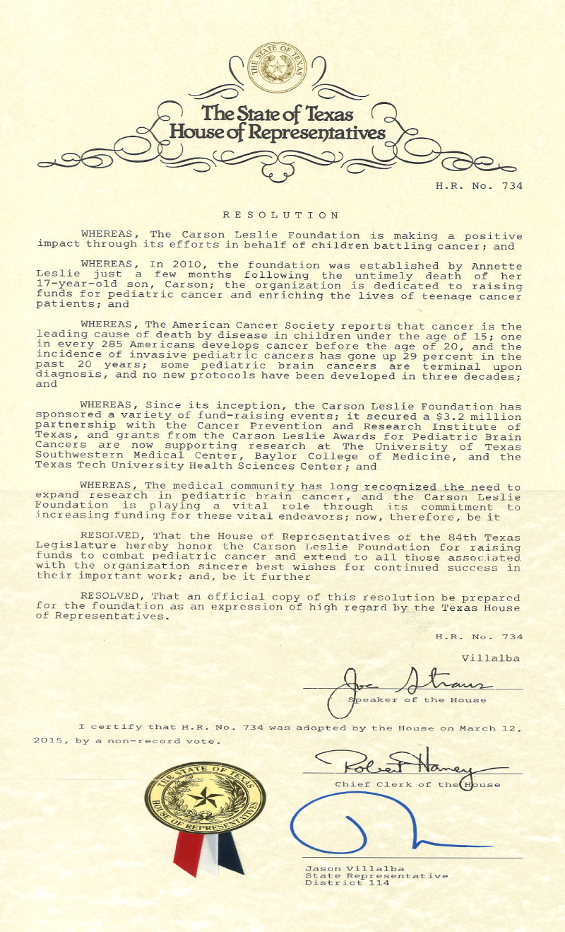 Carson Leslie Foundation Receives a Honor and Recognition of High Regard from The State of Texas  House of Representatives
